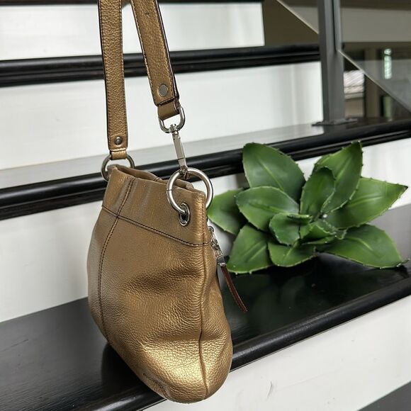 Tignanello Metallic Gold Leather Crossbody Purse | Soft Pebbled Shoulder Bag - Picture 3 of 13